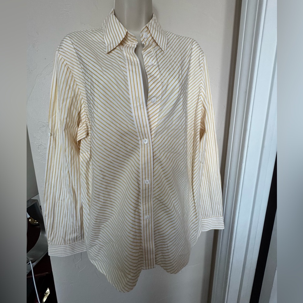 Lafayette 148 New York Cream and White Striped Button-Down Shirt